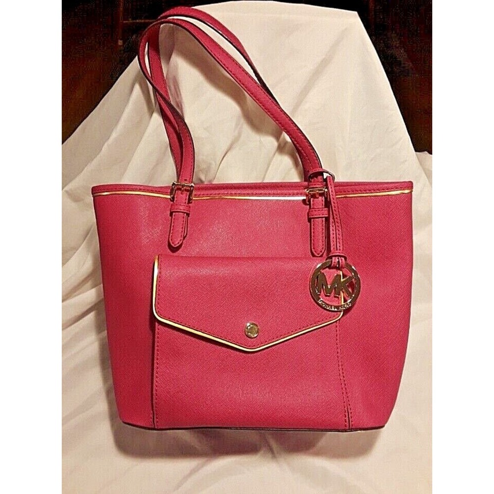 New Michael Kors Saffiano Leather Pink/Red Jet Set Snap Pocket Tote - J-1407